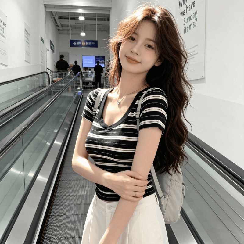 아메리칸 레트로 스타일 스트라이프 V넥 반팔 티셔츠 여성 여름 패션 몸매 가꾸기 슬림해 보이는 핫걸 맨위 이미지 3