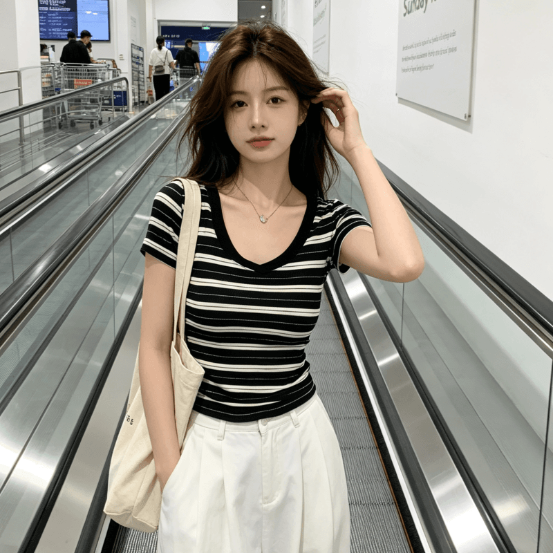 아메리칸 레트로 스타일 스트라이프 V넥 반팔 티셔츠 여성 여름 패션 몸매 가꾸기 슬림해 보이는 핫걸 맨위 상세 이미지 3