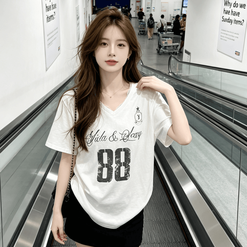 한 부서 순면 아메리칸 레트로 V넥 레이스 프린트 반팔 티셔츠 여성 여름 Chic 연령 감소 chic 슬림해 보이는 맨위