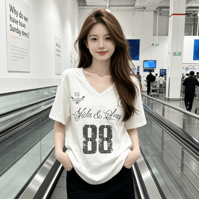 한 부서 순면 아메리칸 레트로 V넥 레이스 프린트 반팔 티셔츠 여성 여름 Chic 연령 감소 chic 슬림해 보이는 맨위 이미지 5