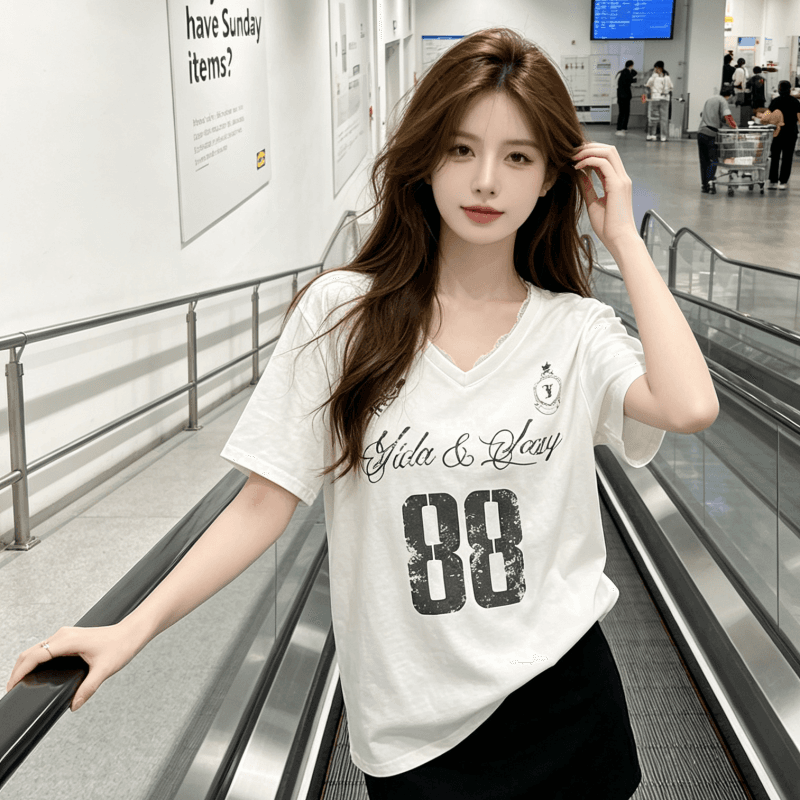 한 부서 순면 아메리칸 레트로 V넥 레이스 프린트 반팔 티셔츠 여성 여름 Chic 연령 감소 chic 슬림해 보이는 맨위 이미지 2