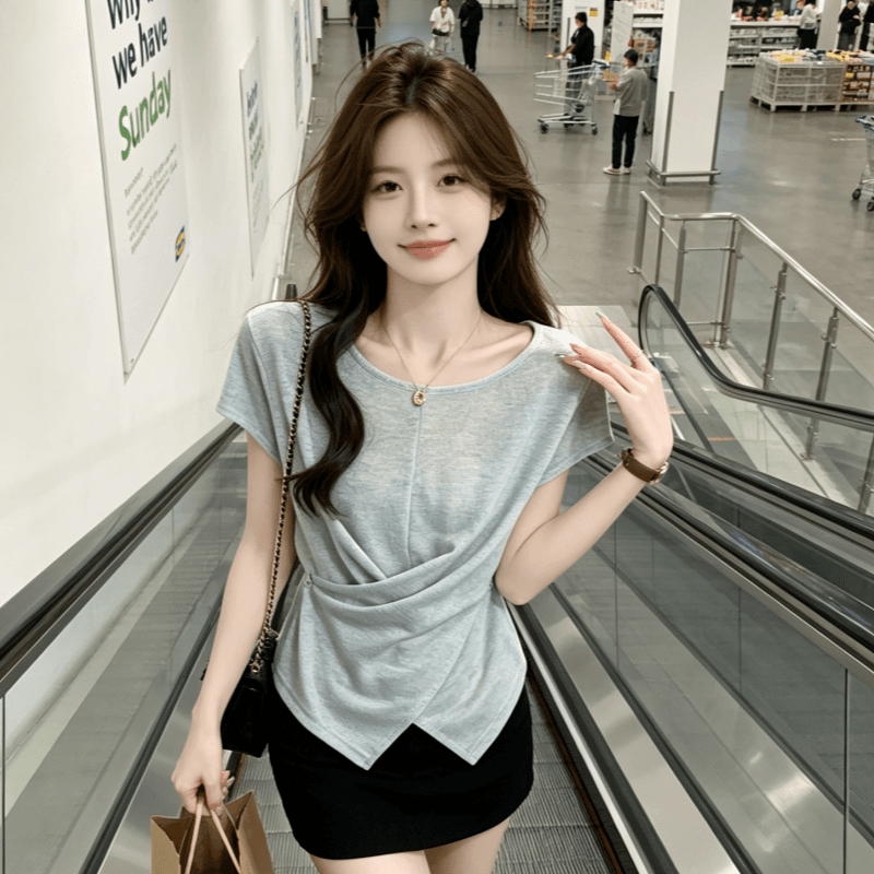 미니멀리즘 바람 반팔 티셔츠 여성 불규칙 십자가 스트랩 디자인 센스 허리 수축 슬림해 보이는 작은 대중 맨위 이미지 3