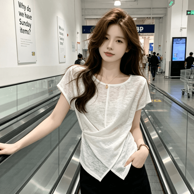 미니멀리즘 바람 반팔 티셔츠 여성 불규칙 십자가 스트랩 디자인 센스 허리 수축 슬림해 보이는 작은 대중 맨위
