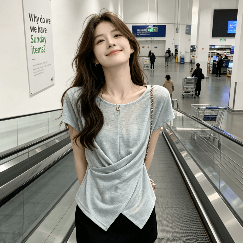 미니멀리즘 바람 반팔 티셔츠 여성 불규칙 십자가 스트랩 디자인 센스 허리 수축 슬림해 보이는 작은 대중 맨위 상세 이미지 1