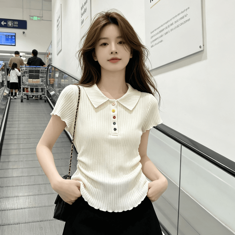 프랑스식 목이버섯 레이스 polo 폴로 칼라 여름 작은 대중 색상 단추 프릴 맨위 작은 셔츠