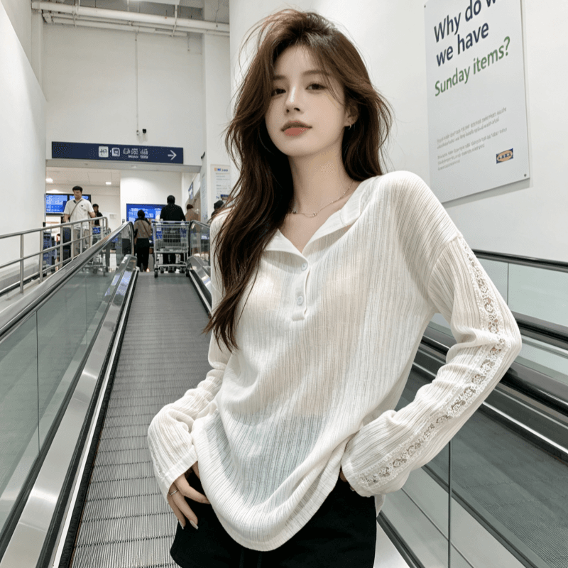여름 새로운 루즈핏 슬림해 보이는 블라우스 다용도 긴팔 티셔츠 여성 한 부서 작은 대중 홀로우 아웃 디자인 센스 맨위 상세 이미지 4