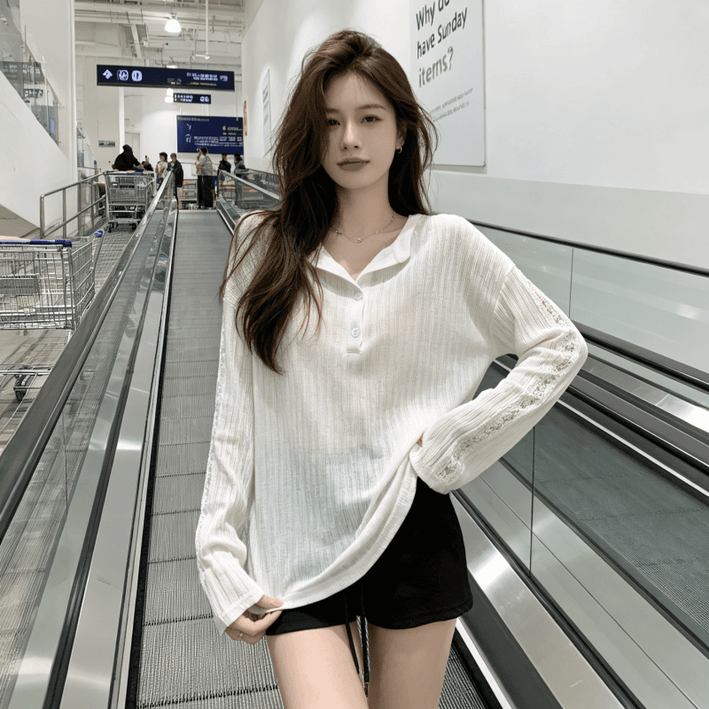 여름 새로운 루즈핏 슬림해 보이는 블라우스 다용도 긴팔 티셔츠 여성 한 부서 작은 대중 홀로우 아웃 디자인 센스 맨위 상세 이미지 5