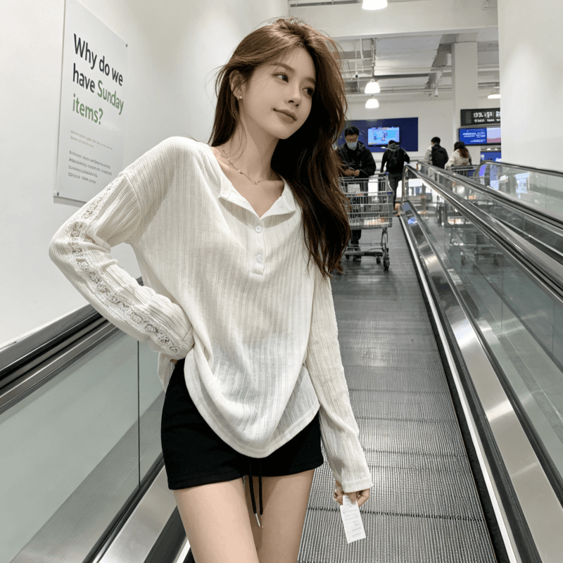 여름 새로운 루즈핏 슬림해 보이는 블라우스 다용도 긴팔 티셔츠 여성 한 부서 작은 대중 홀로우 아웃 디자인 센스 맨위 상세 이미지 8