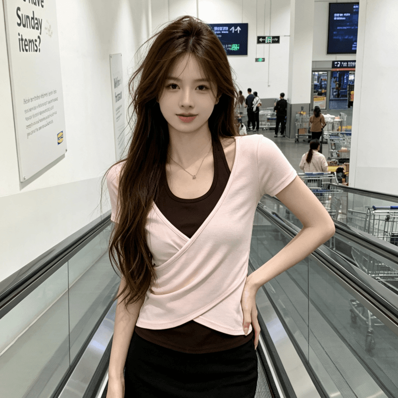 송 긍정적 인 En 한 부서 녹색 페이크 레이어드 행침 목 몸매 가꾸기 반팔 티셔츠 여성 여름 새로운 쇼트 스타일 핫걸 작은 맨위 상세 이미지 3