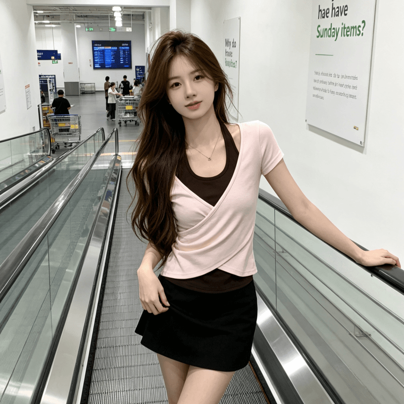 송 긍정적 인 En 한 부서 녹색 페이크 레이어드 행침 목 몸매 가꾸기 반팔 티셔츠 여성 여름 새로운 쇼트 스타일 핫걸 작은 맨위 상세 이미지 4