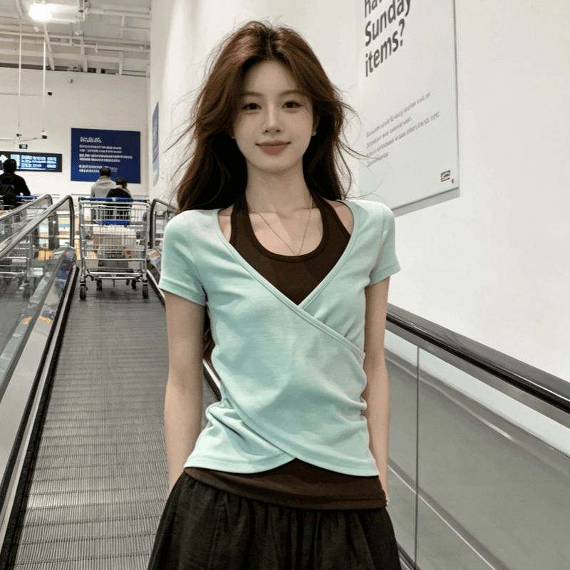 송 긍정적 인 En 한 부서 녹색 페이크 레이어드 행침 목 몸매 가꾸기 반팔 티셔츠 여성 여름 새로운 쇼트 스타일 핫걸 작은 맨위 상세 이미지 8