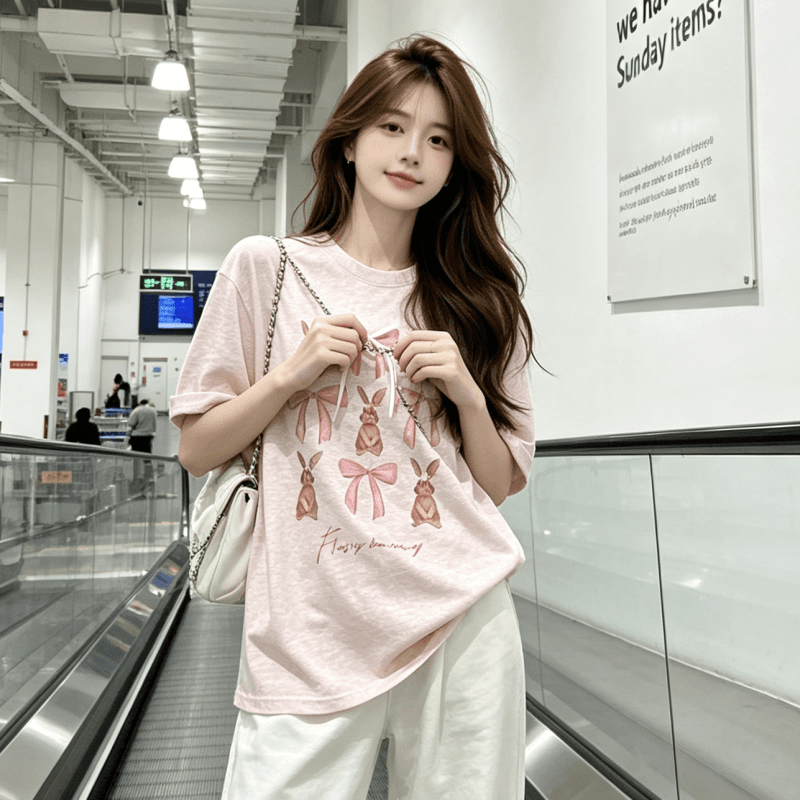 핑크색 달콤함 만화 프린트 반팔 티셔츠 여성 2026 여름 새로운 연령 감소 작은 키 라운드 넥 맨위 이미지 5