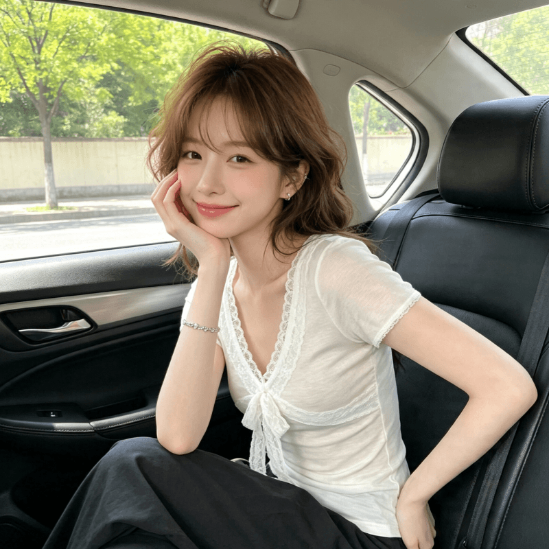 높음 폭탄 눈꽃 면 프랑스식 레이스 조각 V넥 티셔츠 여성 여름 나비 넥타이 몸매 가꾸기 슬림해 보이는 반팔 맨위 이미지 4