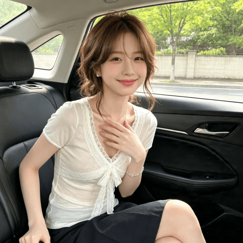 높음 폭탄 눈꽃 면 프랑스식 레이스 조각 V넥 티셔츠 여성 여름 나비 넥타이 몸매 가꾸기 슬림해 보이는 반팔 맨위 상세 이미지 6