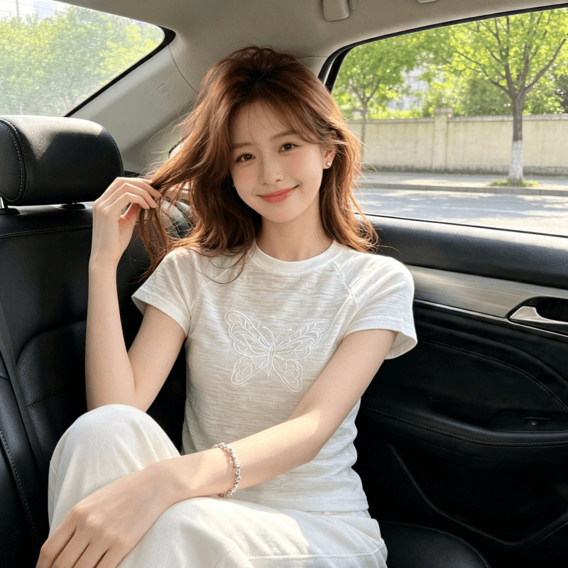 자카드 한 부서 화이트 나비 자수 긍정적 인 어깨 반팔 티셔츠 여성 여름 디자인 센스 몸매 가꾸기 슬림해 보이는 맨위 상세 이미지 5