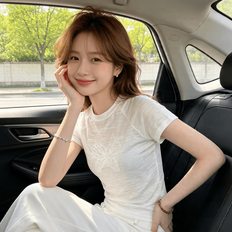 자카드 한 부서 화이트 나비 자수 긍정적 인 어깨 반팔 티셔츠 여성 여름 디자인 센스 몸매 가꾸기 슬림해 보이는 맨위 상세 이미지 8