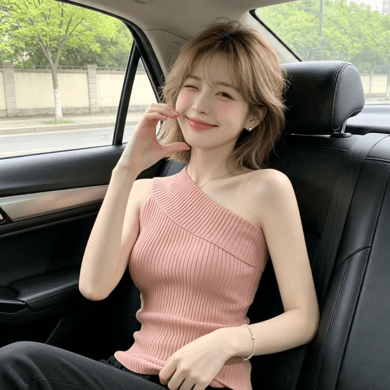 넓은 측면 비스듬한 어깨 니트 조끼 외출용 여성 여름 몸매 가꾸기 슬림해 보이는 품격 쇼트 스타일 디자인 센스 작은 대중 민소매 맨위 상세 이미지 8