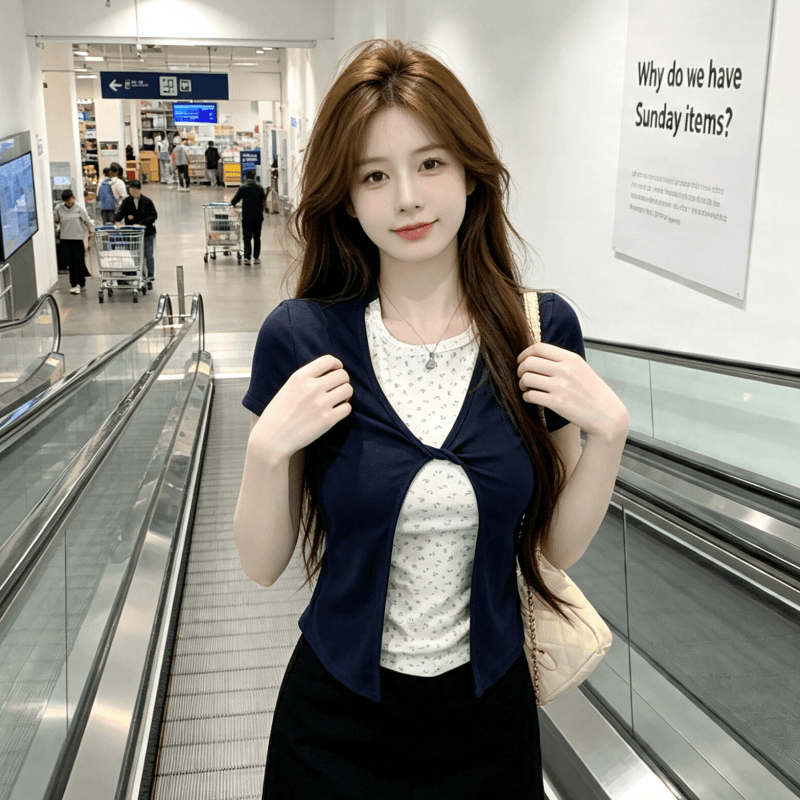 순수한 욕망 해군 꽃무늬 패치워크 페이크 레이어드 반팔 티셔츠 여성 한 부서 부드러운 바람 몸매 가꾸기 슬림해 보이는 연령 감소 맨위 상세 이미지 7