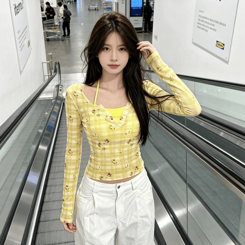실사 아메리칸 핫걸 꽃무늬 체크무늬 페이크 레이어드 얇은 스타일 긴팔 티셔츠 여성 이른 가을 새로운 슬림해 보이는 쇼트 스타일 맨위 이미지 4