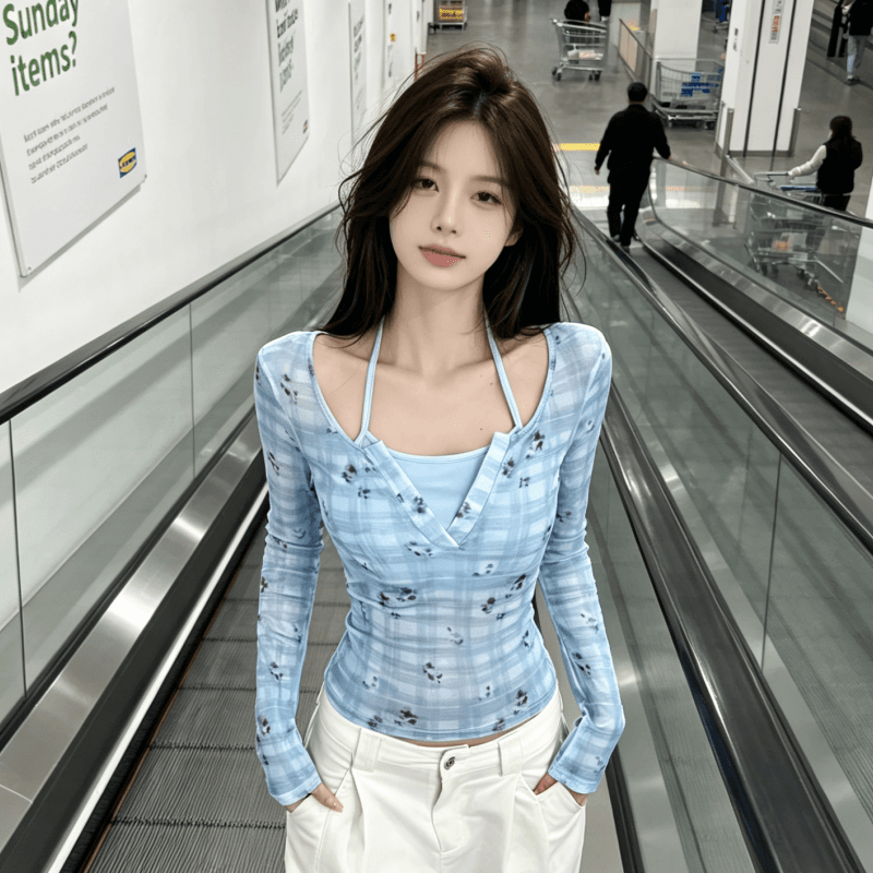 실사 아메리칸 핫걸 꽃무늬 체크무늬 페이크 레이어드 얇은 스타일 긴팔 티셔츠 여성 이른 가을 새로운 슬림해 보이는 쇼트 스타일 맨위