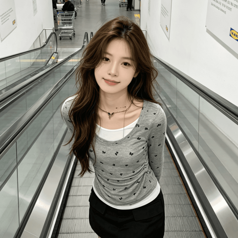 실사 봄 가을 미니멀리즘 숙녀 학원 스타일 작은 대중 나비 매듭 프린트 페이크 레이어드 긴팔 티셔츠 순수한 욕망 바람 맨위 상세 이미지 6