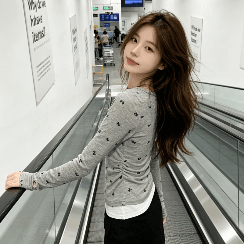 실사 봄 가을 미니멀리즘 숙녀 학원 스타일 작은 대중 나비 매듭 프린트 페이크 레이어드 긴팔 티셔츠 순수한 욕망 바람 맨위 상세 이미지 8