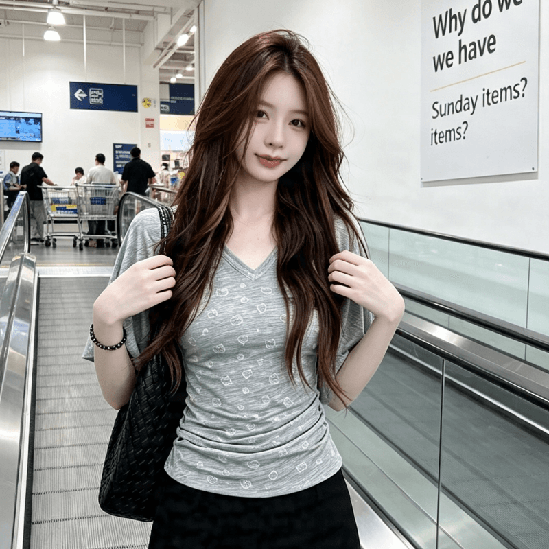 실사 한 부서 배트윙 소매 V넥 주름 허리 수축 반팔 티셔츠 여성 여름 프린트 몸매 가꾸기 슬림해 보이는 핫걸 맨위 이미지 2