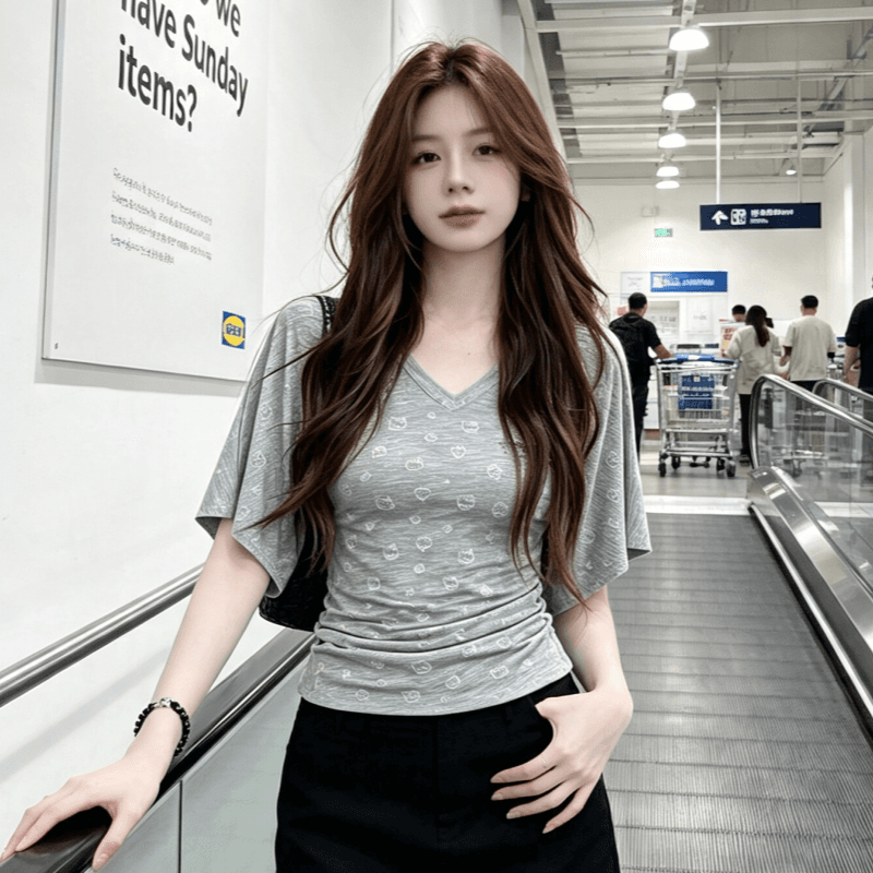 실사 한 부서 배트윙 소매 V넥 주름 허리 수축 반팔 티셔츠 여성 여름 프린트 몸매 가꾸기 슬림해 보이는 핫걸 맨위 상세 이미지 2