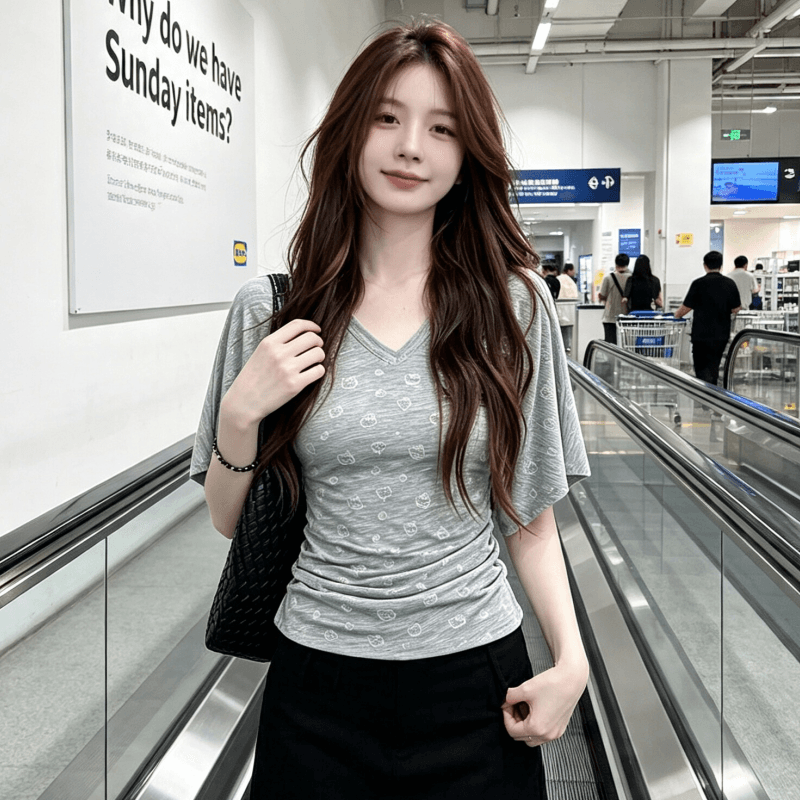 실사 한 부서 배트윙 소매 V넥 주름 허리 수축 반팔 티셔츠 여성 여름 프린트 몸매 가꾸기 슬림해 보이는 핫걸 맨위 상세 이미지 6