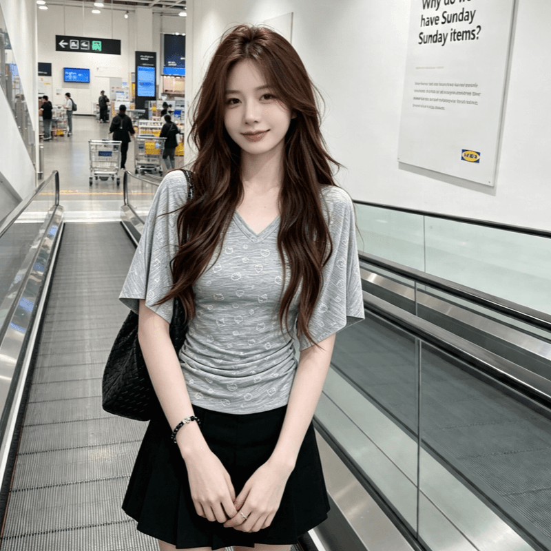 실사 한 부서 배트윙 소매 V넥 주름 허리 수축 반팔 티셔츠 여성 여름 프린트 몸매 가꾸기 슬림해 보이는 핫걸 맨위 상세 이미지 7