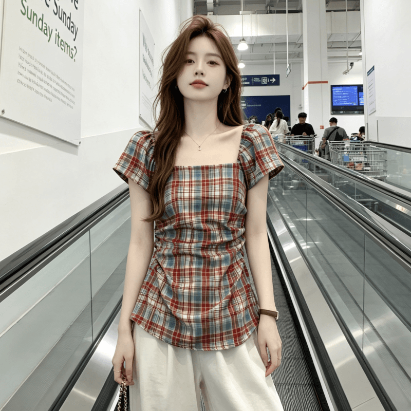 실사 순면 원단 한 부서 레트로 체크무늬 여성 셔츠 여름 새로운 허리 수축 슬림해 보이는 광장 칼라 맨위 트렌디