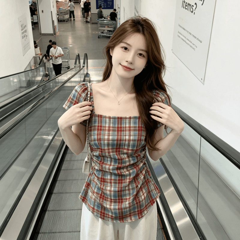 실사 순면 원단 한 부서 레트로 체크무늬 여성 셔츠 여름 새로운 허리 수축 슬림해 보이는 광장 칼라 맨위 트렌디 상세 이미지 5