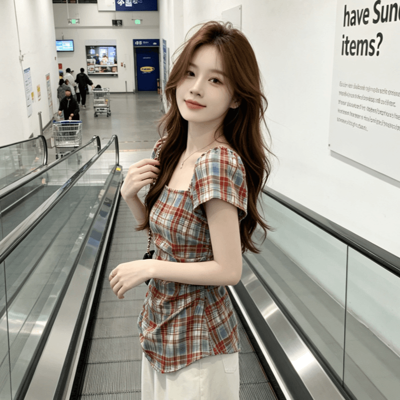 실사 순면 원단 한 부서 레트로 체크무늬 여성 셔츠 여름 새로운 허리 수축 슬림해 보이는 광장 칼라 맨위 트렌디 상세 이미지 7