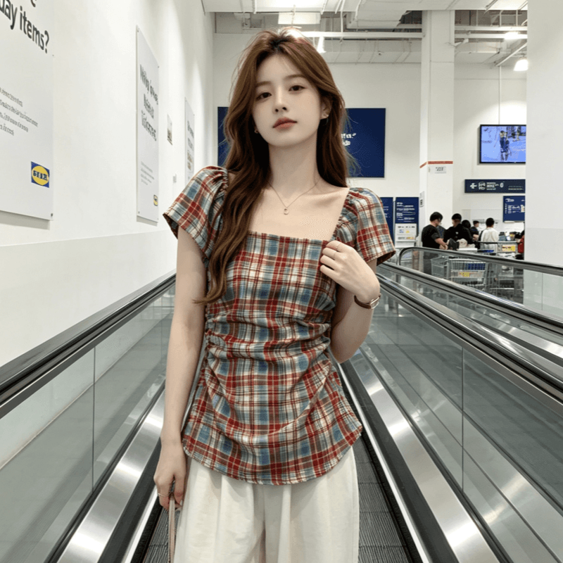 실사 순면 원단 한 부서 레트로 체크무늬 여성 셔츠 여름 새로운 허리 수축 슬림해 보이는 광장 칼라 맨위 트렌디 상세 이미지 8