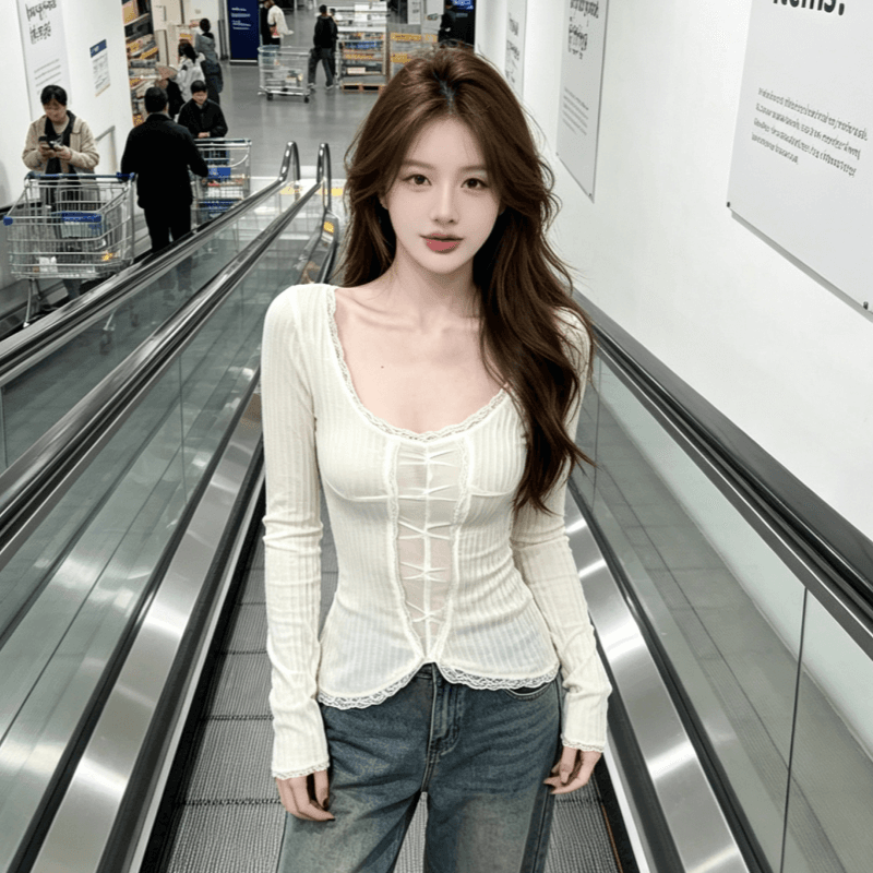 실사 프랑스식 섹시함 대 u 칼라 레이스 홀로우 아웃 긴팔 티셔츠 여성 봄 가을 화이트 몸매 가꾸기 디스플레이 얇고 작은 맨위 상세 이미지 1