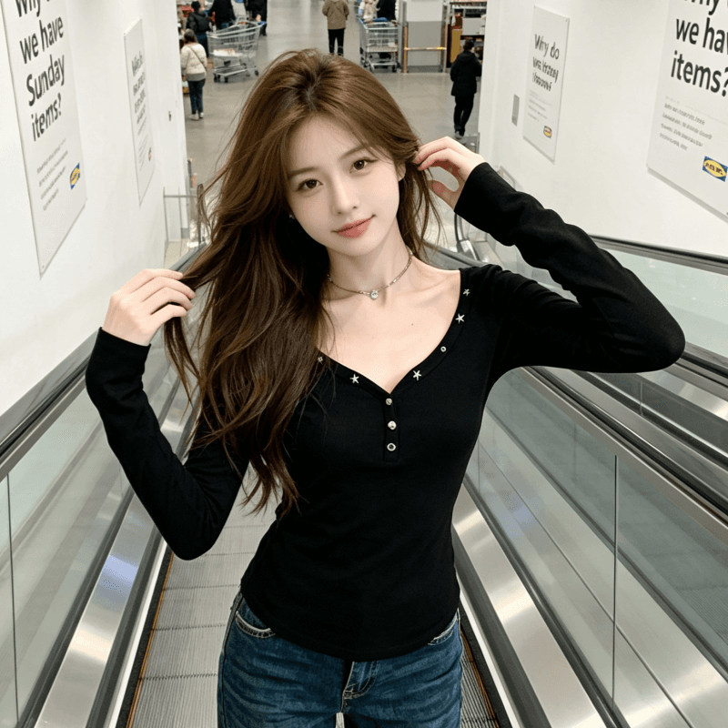 실사 디자인 센스 레트로 핫걸 단색 몸매 가꾸기 V넥 기본 셔츠 여성 품격 고급 센스 인사이드 가져 가라. 티셔츠 맨위 상세 이미지 2