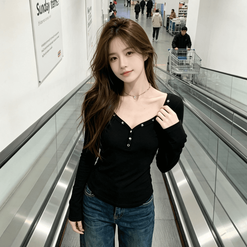 실사 디자인 센스 레트로 핫걸 단색 몸매 가꾸기 V넥 기본 셔츠 여성 품격 고급 센스 인사이드 가져 가라. 티셔츠 맨위 상세 이미지 5