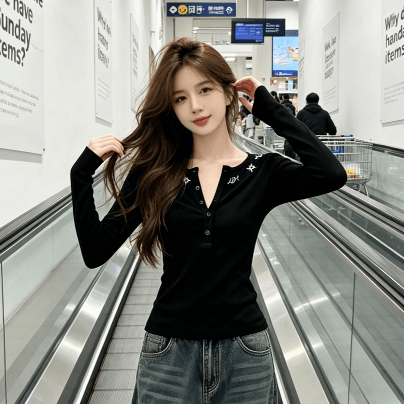 실사 검정색 반 개방 단추 네클라인 싱어 스타 망 자수 허리 수축 긴팔 티셔츠 여성 인사이드 가져 가라. 만나는 맨위 이미지 3