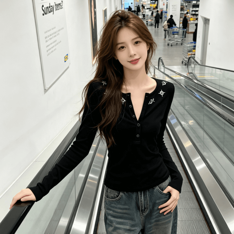 실사 검정색 반 개방 단추 네클라인 싱어 스타 망 자수 허리 수축 긴팔 티셔츠 여성 인사이드 가져 가라. 만나는 맨위 상세 이미지 1