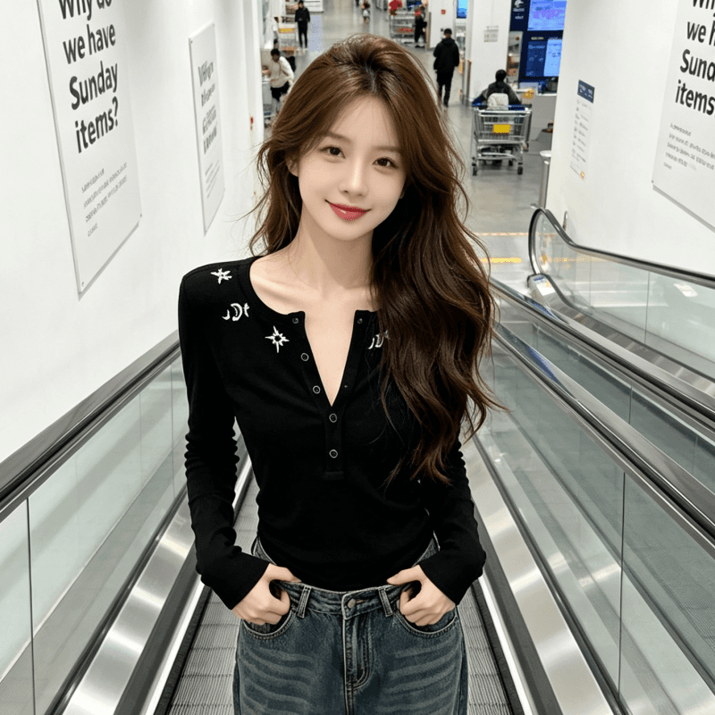 실사 검정색 반 개방 단추 네클라인 싱어 스타 망 자수 허리 수축 긴팔 티셔츠 여성 인사이드 가져 가라. 만나는 맨위 상세 이미지 5