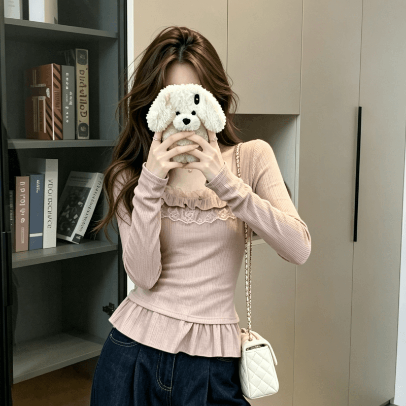 실사 정가 한국 스타일 ins 핑크색 레이스 조각 긴팔 티셔츠 여성 겨울 디자인 센스 몸매 가꾸기 달콤함 첨부 된 의류 상세 이미지 8