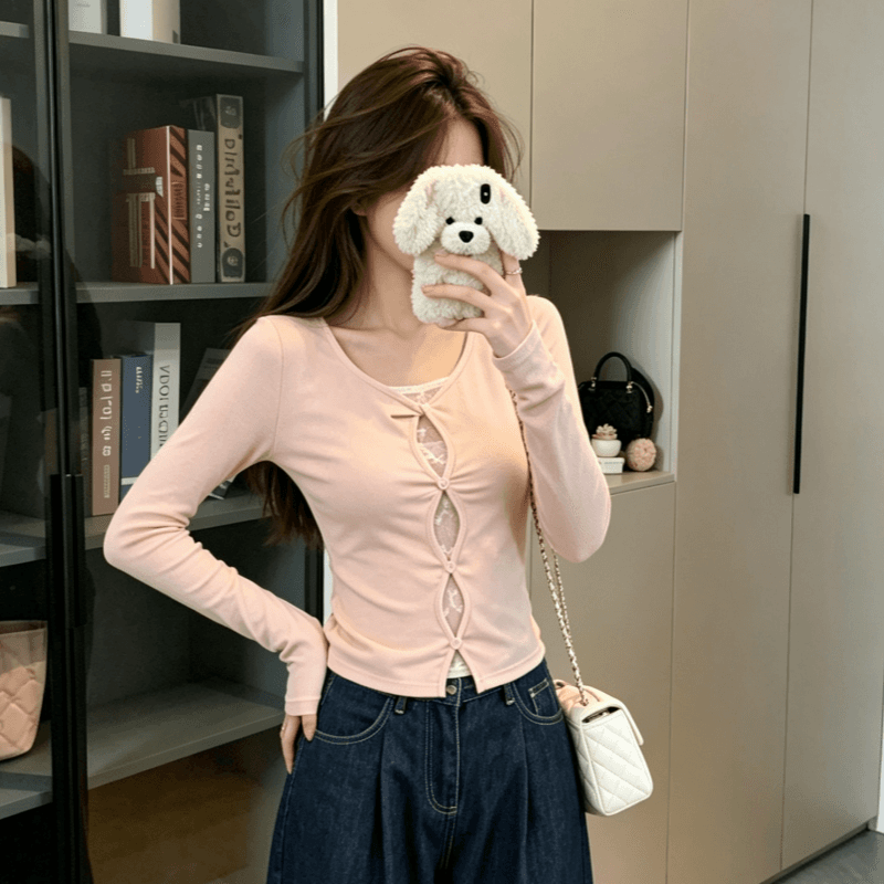 실사 순수한 욕망 바람 섹시함 레이스 조각 페이크 레이어드 비틀림 홀로우 아웃 긴팔 티셔츠 여성 디자인 센스 인사이드 잡아라. 의류