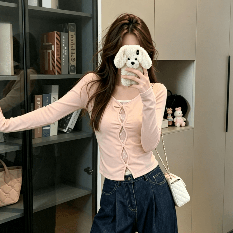 실사 순수한 욕망 바람 섹시함 레이스 조각 페이크 레이어드 비틀림 홀로우 아웃 긴팔 티셔츠 여성 디자인 센스 인사이드 잡아라. 의류 이미지 3