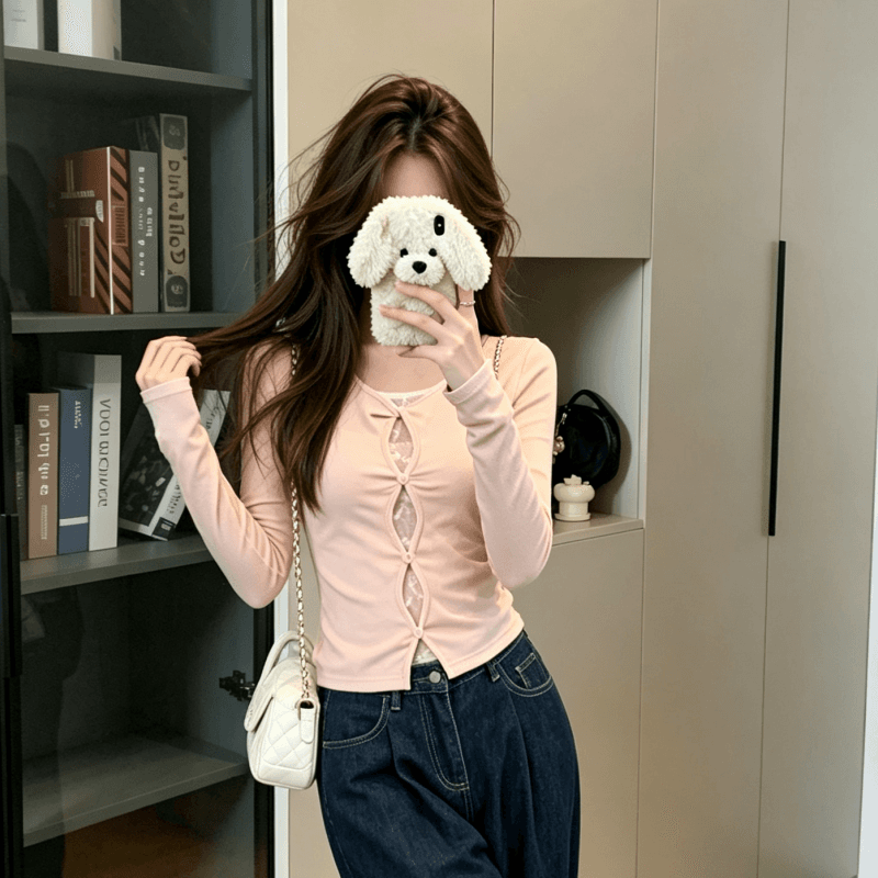 실사 순수한 욕망 바람 섹시함 레이스 조각 페이크 레이어드 비틀림 홀로우 아웃 긴팔 티셔츠 여성 디자인 센스 인사이드 잡아라. 의류 이미지 2