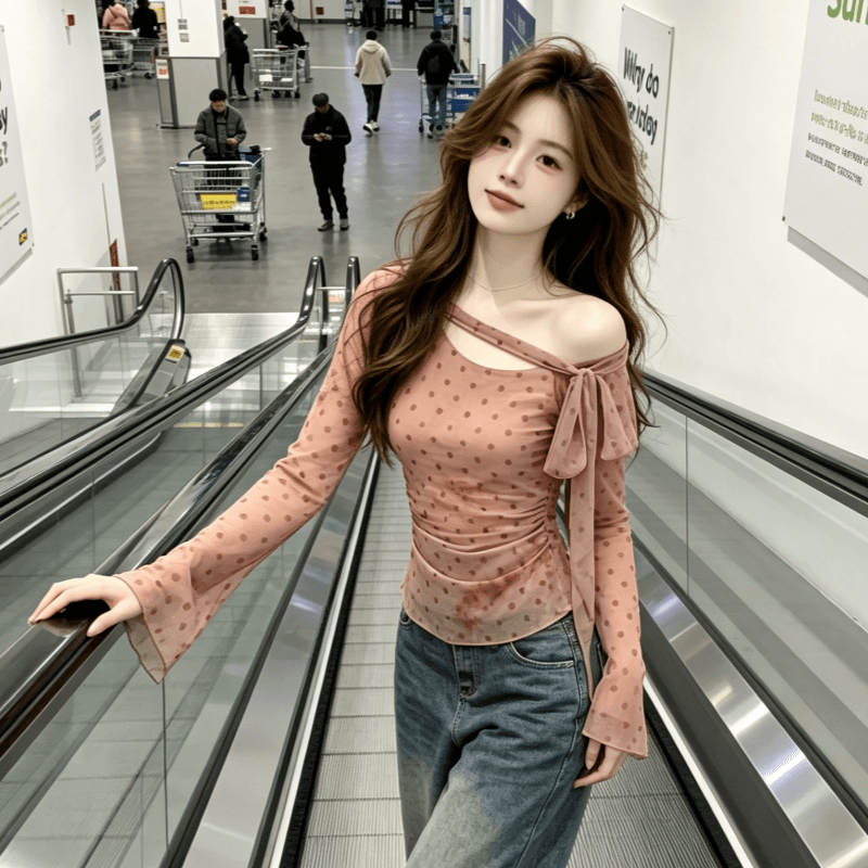 실사 한 부서 비스듬한 어깨 홀치기 염색 도트 무늬 망사 긴팔 티셔츠 여성 가을 새로운 허리 수축 고유 한 아름다운 작은 맨위 상세 이미지 5