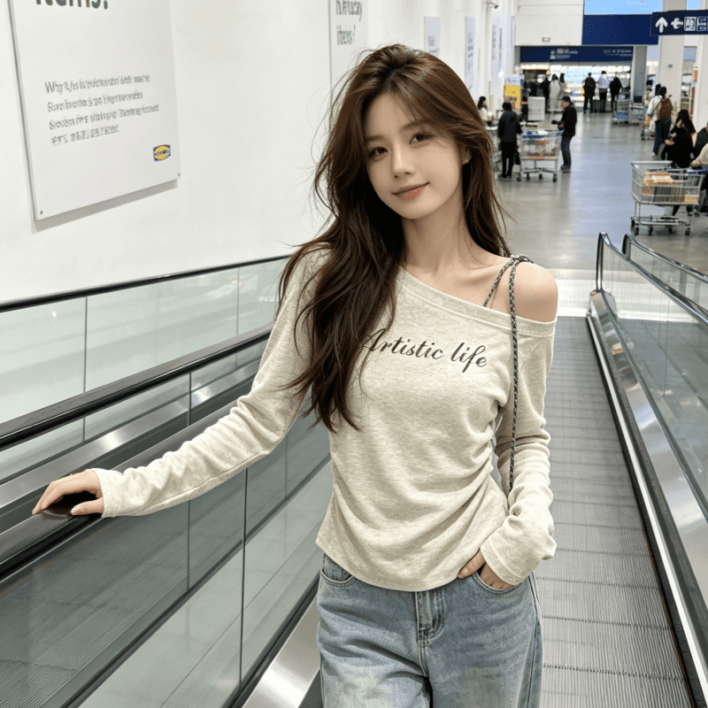 실사 꽃 회색 비스듬한 어깨 체크무늬 스트랩 인사이드 가져 가라. 티셔츠 여성 가을 알파벳 프린트 새로운 긴팔 맨위 이미지 2