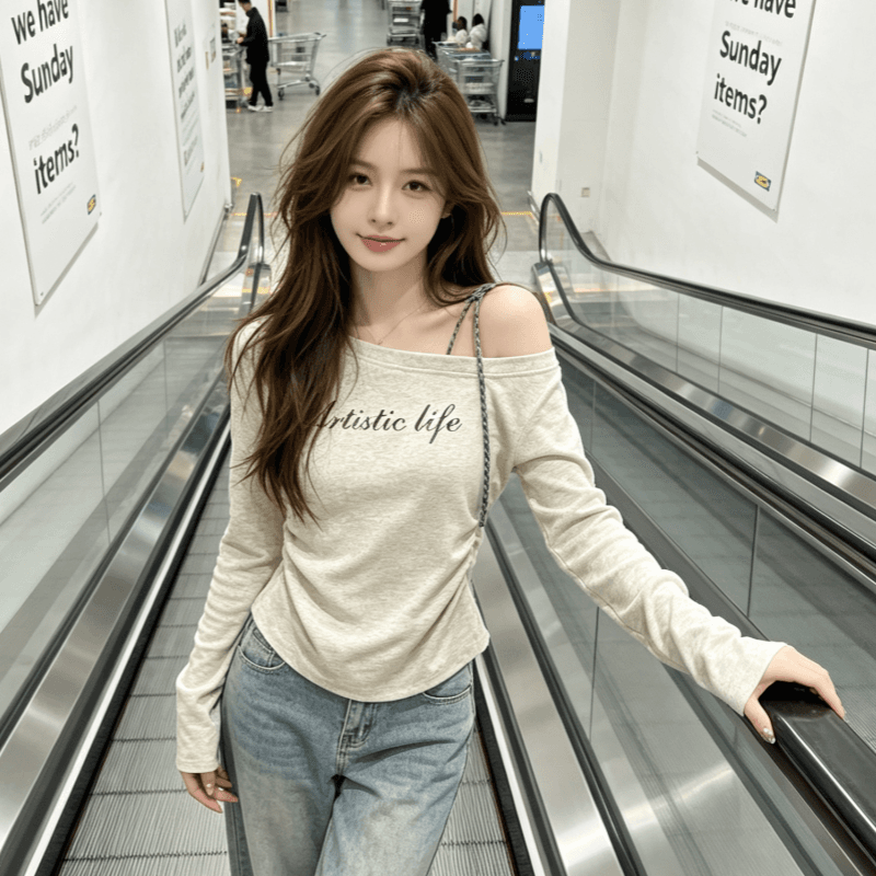 실사 꽃 회색 비스듬한 어깨 체크무늬 스트랩 인사이드 가져 가라. 티셔츠 여성 가을 알파벳 프린트 새로운 긴팔 맨위 이미지 5