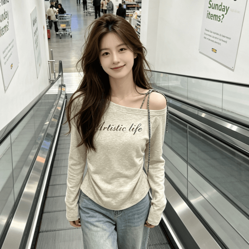실사 꽃 회색 비스듬한 어깨 체크무늬 스트랩 인사이드 가져 가라. 티셔츠 여성 가을 알파벳 프린트 새로운 긴팔 맨위 이미지 4
