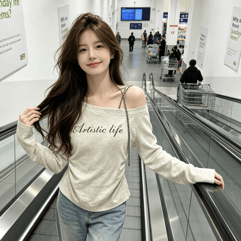 실사 꽃 회색 비스듬한 어깨 체크무늬 스트랩 인사이드 가져 가라. 티셔츠 여성 가을 알파벳 프린트 새로운 긴팔 맨위 상세 이미지 4