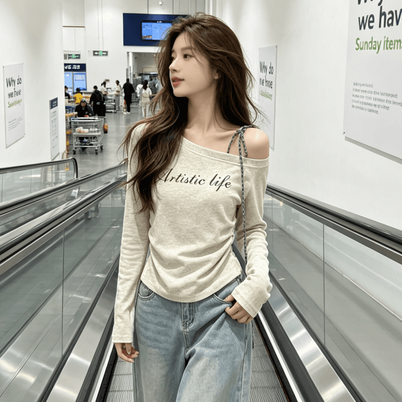 실사 꽃 회색 비스듬한 어깨 체크무늬 스트랩 인사이드 가져 가라. 티셔츠 여성 가을 알파벳 프린트 새로운 긴팔 맨위 상세 이미지 6